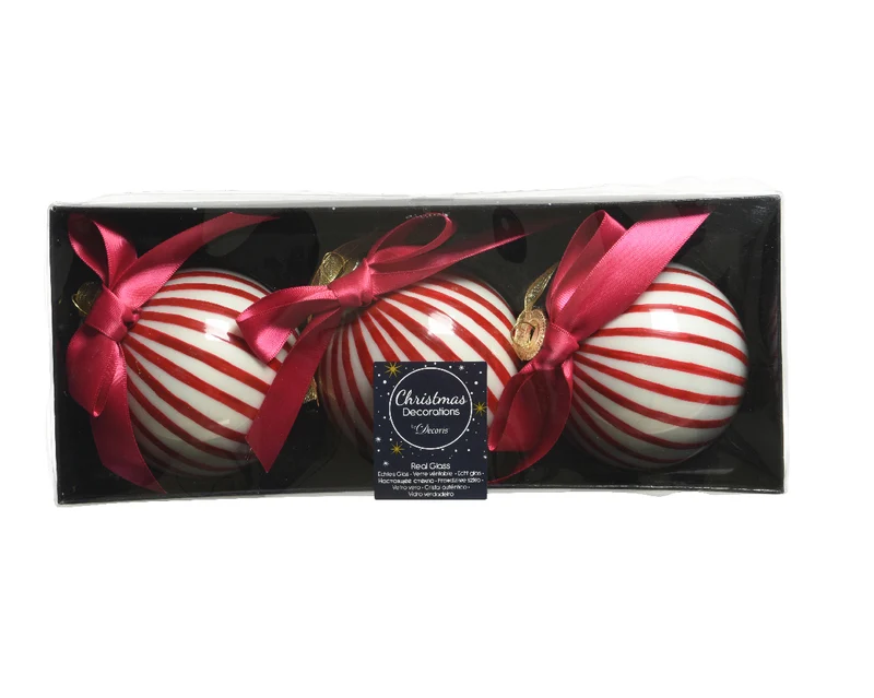 Box a 3 Weihnachtskugeln Glas Silber innen w glänzende Farbe rot satiniert - D8cm