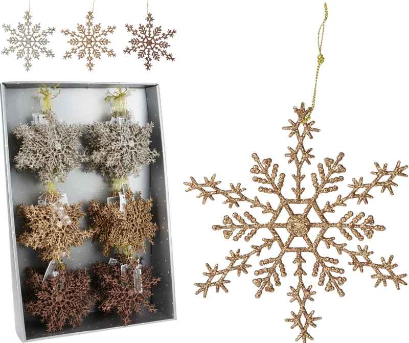 SCHNEEFLOCKE HÄNGEDEKO 15CM 3FACH SORTIERT BERNSTEIN MIX GLITZER