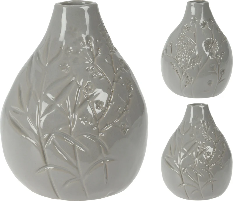 VASE KERAMIK MIT DEKO 14CM GRAU 2 STÜCK SORTIERT