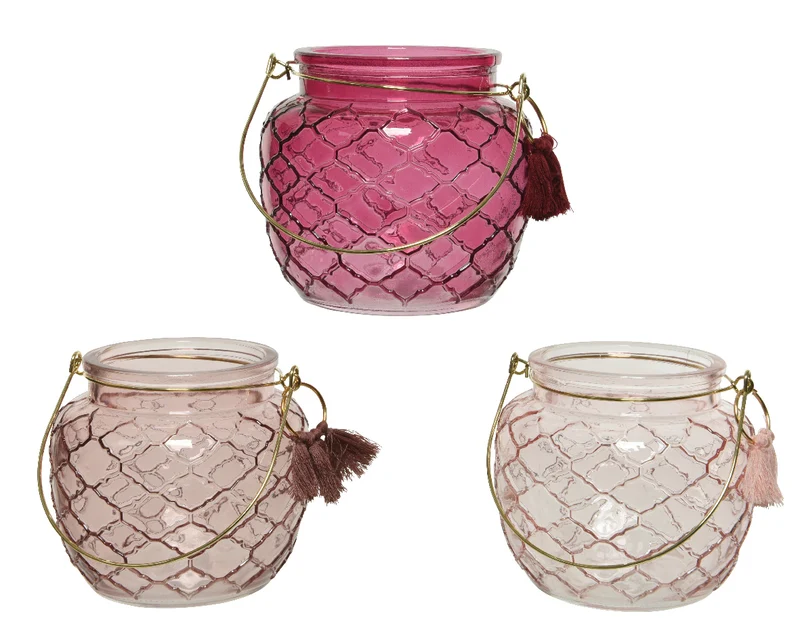 Teelichthalter Glas, Anhänger mit Quaste, Relief D11,5 H10cm 3 Farben sortiert