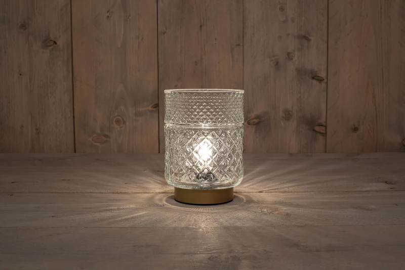 B.O. GLAS LAMPE KLAR MIT GOLD BASIS 12X17,5CM - 2XAAA