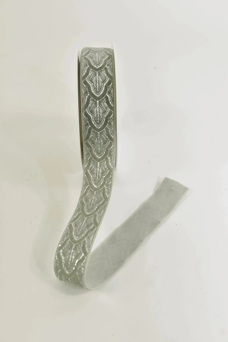 Satinband mit bedruckten Blättern 25mm 20mtr jade/weiß