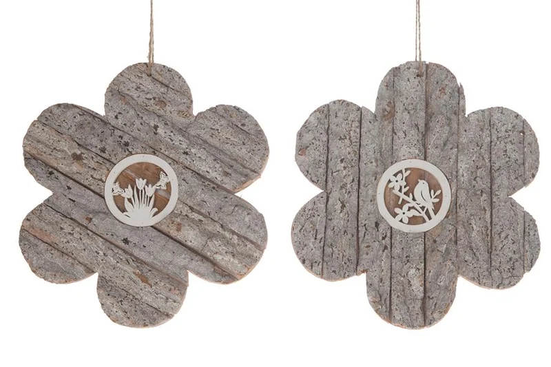 Holzblume mit Rindenaufhänger 25x25x1,5cm 1pc 2 sortiert Wh