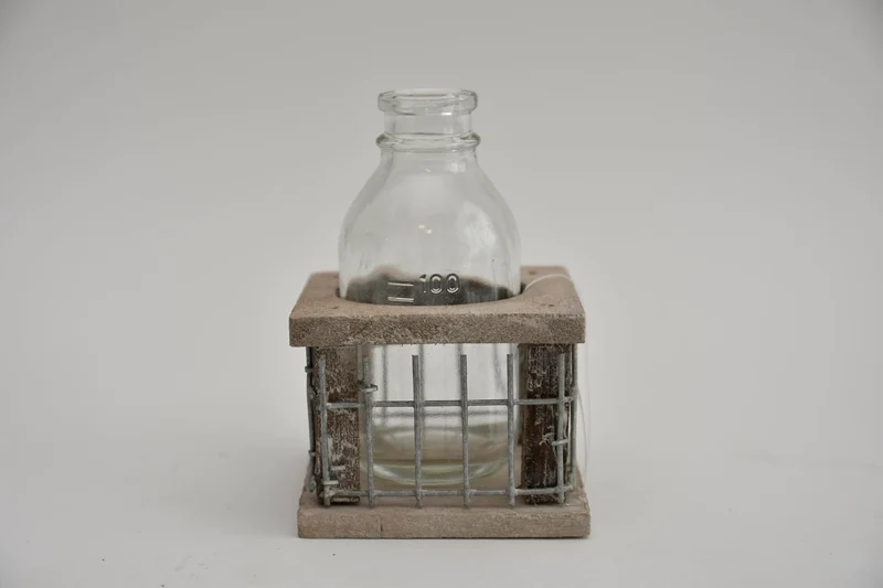 Holz/Gitter-Tray mit 1 Flasche Grauwäsche 8x8x11cm