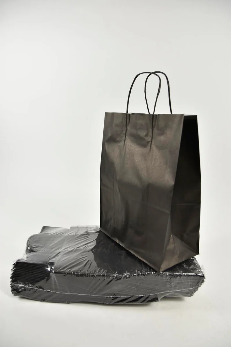 Tragetasche schwarz Kraft 23 + 12x30 cm zu 50 Stück gedreht Hand.